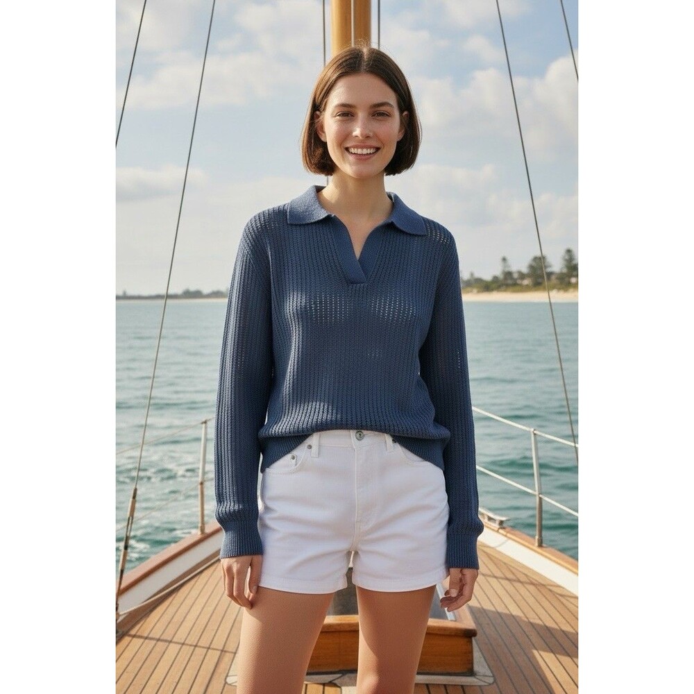 Caslon NEW womens open knit v-neck pullover sweater sz M quiet luxury minimalist